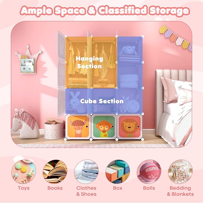 Wardrobe Closet with Hanging Section and Doors-Pink- Kids (12 Cubes)
