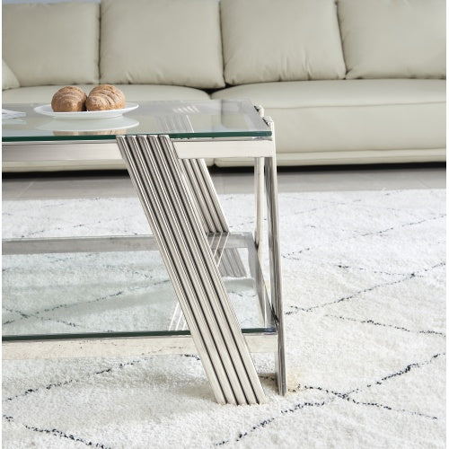 47 Wide Rectangle Modern Stainless Steel Coffee Table, Double-Layer Clear Tempered Glass Coffee Table, Center Table With Storage, For Living Room Home Office, Easy Assembly