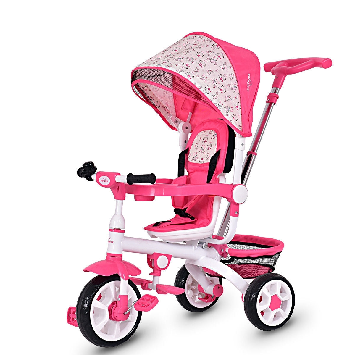 5-in-1 Detachable Kids Stroller Tricycle with Round Canopy- Pink
