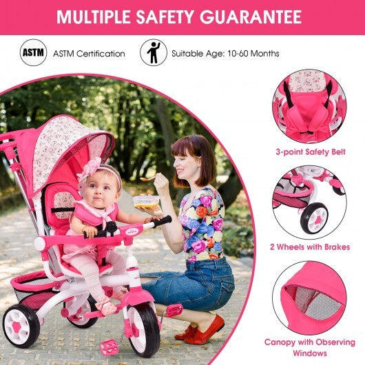 5-in-1 Detachable Baby Stroller Tricycle with Round Canopy- Blue- Pink