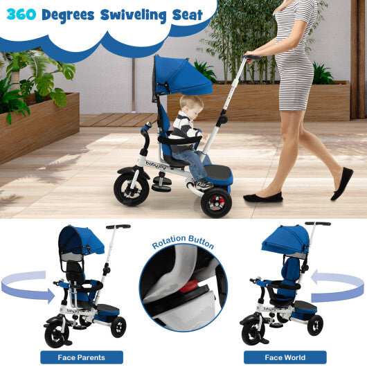 Folding Tricycle Baby Stroller with Reversible Seat and Adjustable Canopy- Blue