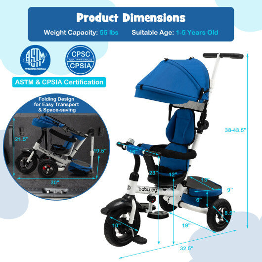 Folding Tricycle Baby Stroller with Reversible Seat and Adjustable Canopy- Blue