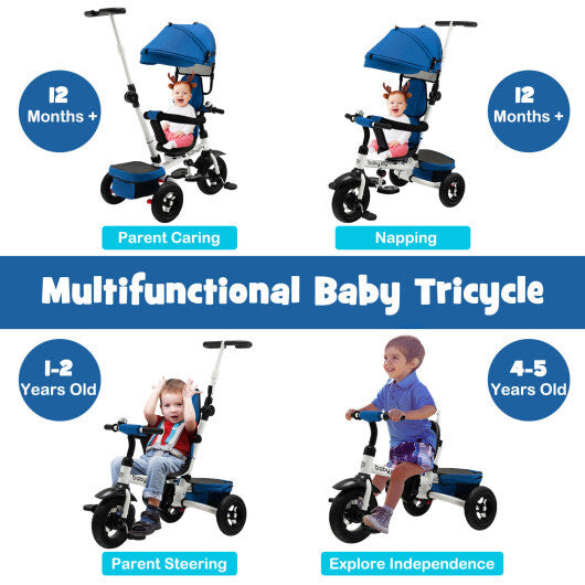 Folding Tricycle Baby Stroller with Reversible Seat and Adjustable Canopy- Blue