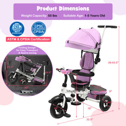 Folding Tricycle Baby Stroller with Reversible Seat and Adjustable Canopy- Blue