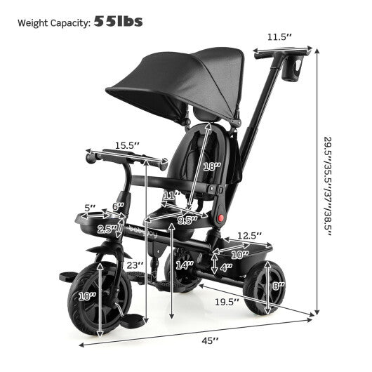4-in-1 Reversible Toddler Tricycle with Height Adjustable Push Handle- Gray