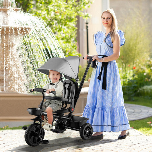 4-in-1 Reversible Toddler Tricycle with Height Adjustable Push Handle- Gray