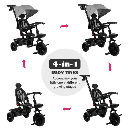 4-in-1 Reversible Toddler Tricycle with Height Adjustable Push Handle- Gray