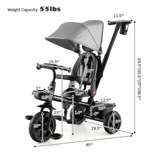 4-in-1 Reversible Toddler Tricycle with Height Adjustable Push Handle- Gray