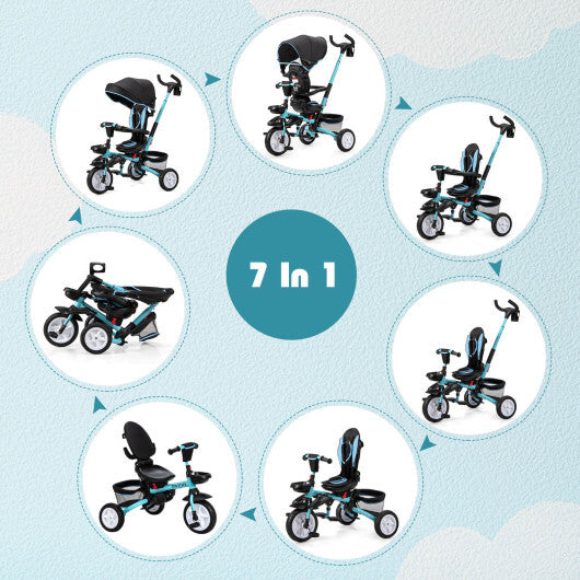 7-in-1 Detachable Kids Stroller with Canopy and Safety Harness- Blue