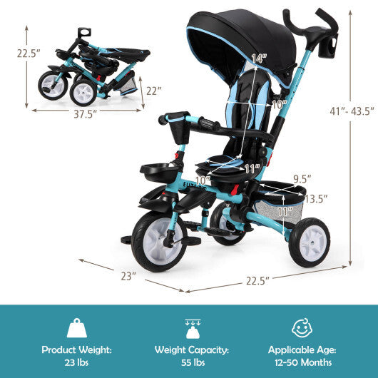 7-in-1 Detachable Kids Stroller with Canopy and Safety Harness- Blue