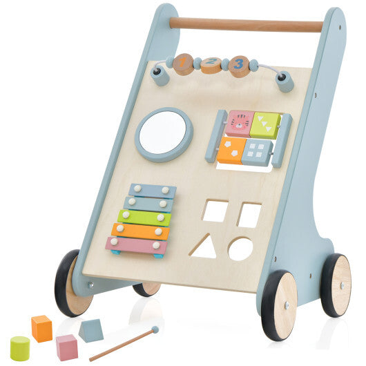 Wooden Baby Walker Toddler Push Walker with Xylophone and Flip Blocks- Blue