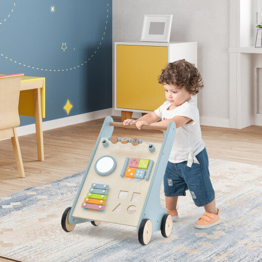 Wooden Baby Walker Toddler Push Walker with Xylophone and Flip Blocks- Blue