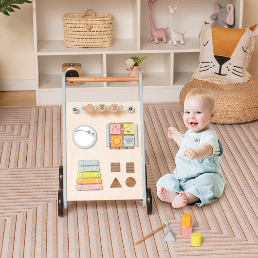 Wooden Baby Walker Toddler Push Walker with Xylophone and Flip Blocks- Blue