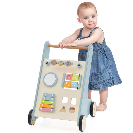 Wooden Baby Walker Toddler Push Walker with Xylophone and Flip Blocks- Blue