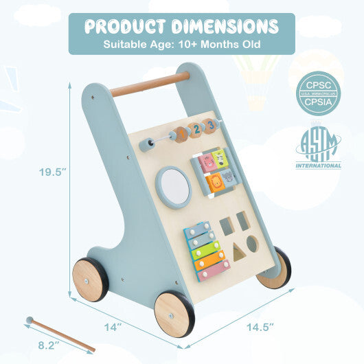 Wooden Baby Walker Toddler Push Walker with Xylophone and Flip Blocks- Blue