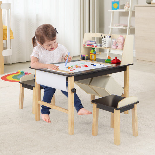 Kids Table and Chairs Set (Art) with Paper Roll and Storage Bins- Coffee