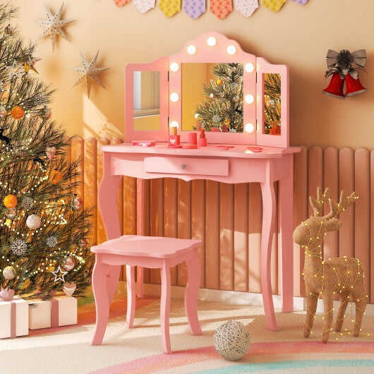 Kids Vanity Table Stool Set with Tri-Folding Mirror and 3-Color LED Lights- Pink