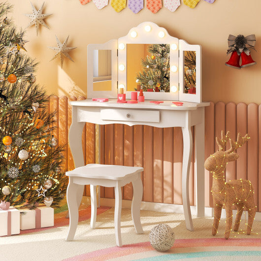 Kids Vanity Table Stool Set with Tri-Folding Mirror and 3-Color LED Lights- White