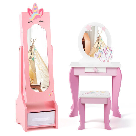 Kids Jewelry Cabinet with Full-Length Mirror for Kids Bedroom and Playroom-Pink