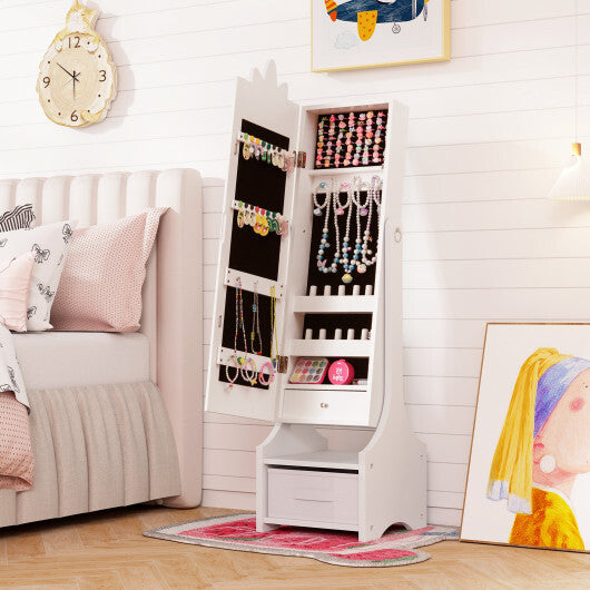 Kids Jewelry Cabinet with Full-Length Mirror for Kids Bedroom and Playroom- White