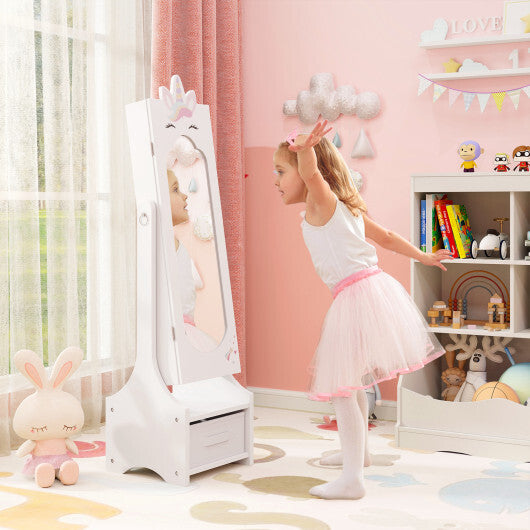 Kids Jewelry Cabinet with Full-Length Mirror for Kids Bedroom and Playroom- White