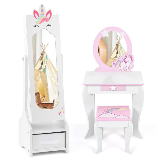 Kids Jewelry Cabinet with Full-Length Mirror for Kids Bedroom and Playroom- White