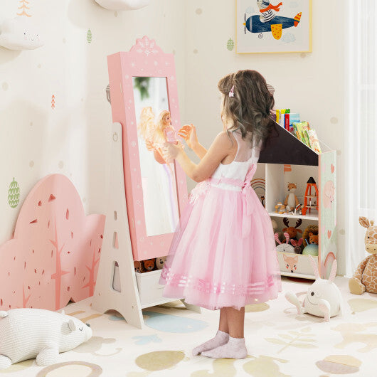 Kids Jewelry Cabinet with Full-Length Mirror and Foldable Drawer- Pink