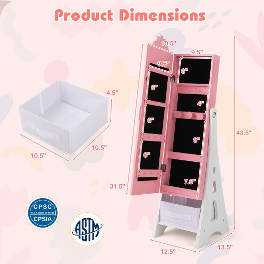 Kids Jewelry Cabinet with Full-Length Mirror and Foldable Drawer- Pink
