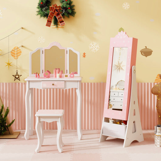 Kids Jewelry Cabinet with Full-Length Mirror and Foldable Drawer- Pink