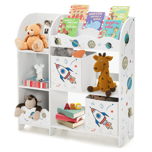 Wooden Children Storage Cabinet with Storage Bins-Rocket Pattern- White