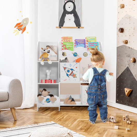 Wooden Children Storage Cabinet with Storage Bins-Rocket Pattern- White