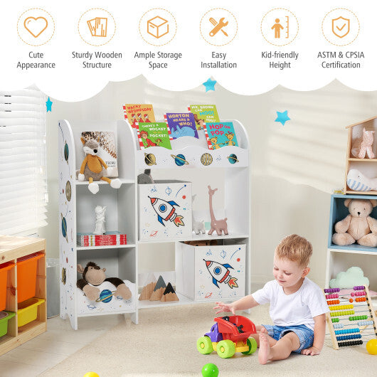 Wooden Children Storage Cabinet with Storage Bins-Rocket Pattern- White