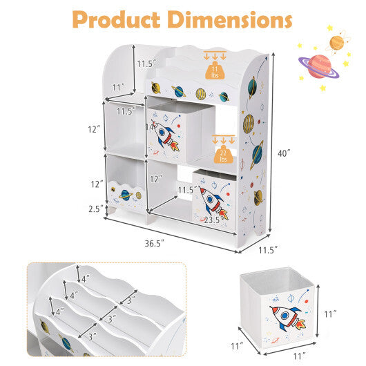 Wooden Children Storage Cabinet with Storage Bins-Rocket Pattern- White