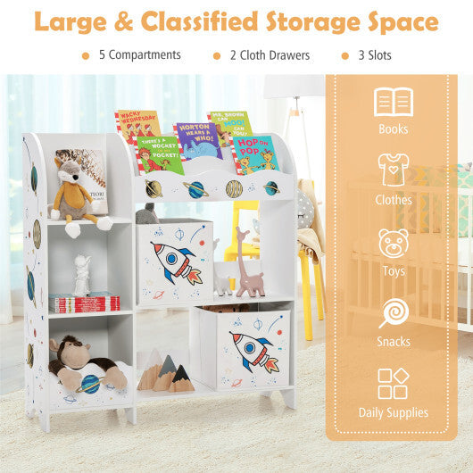 Wooden Children Storage Cabinet with Storage Bins-Rocket Pattern- White