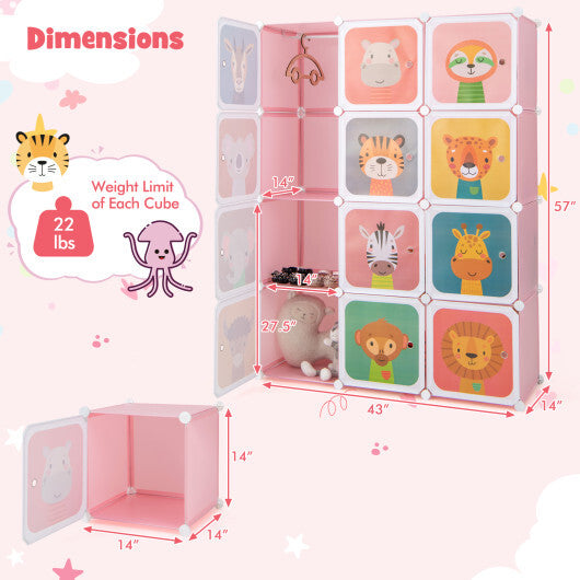 Wardrobe Closet with Hanging Section and Doors-Pink- Kids (12 Cubes)