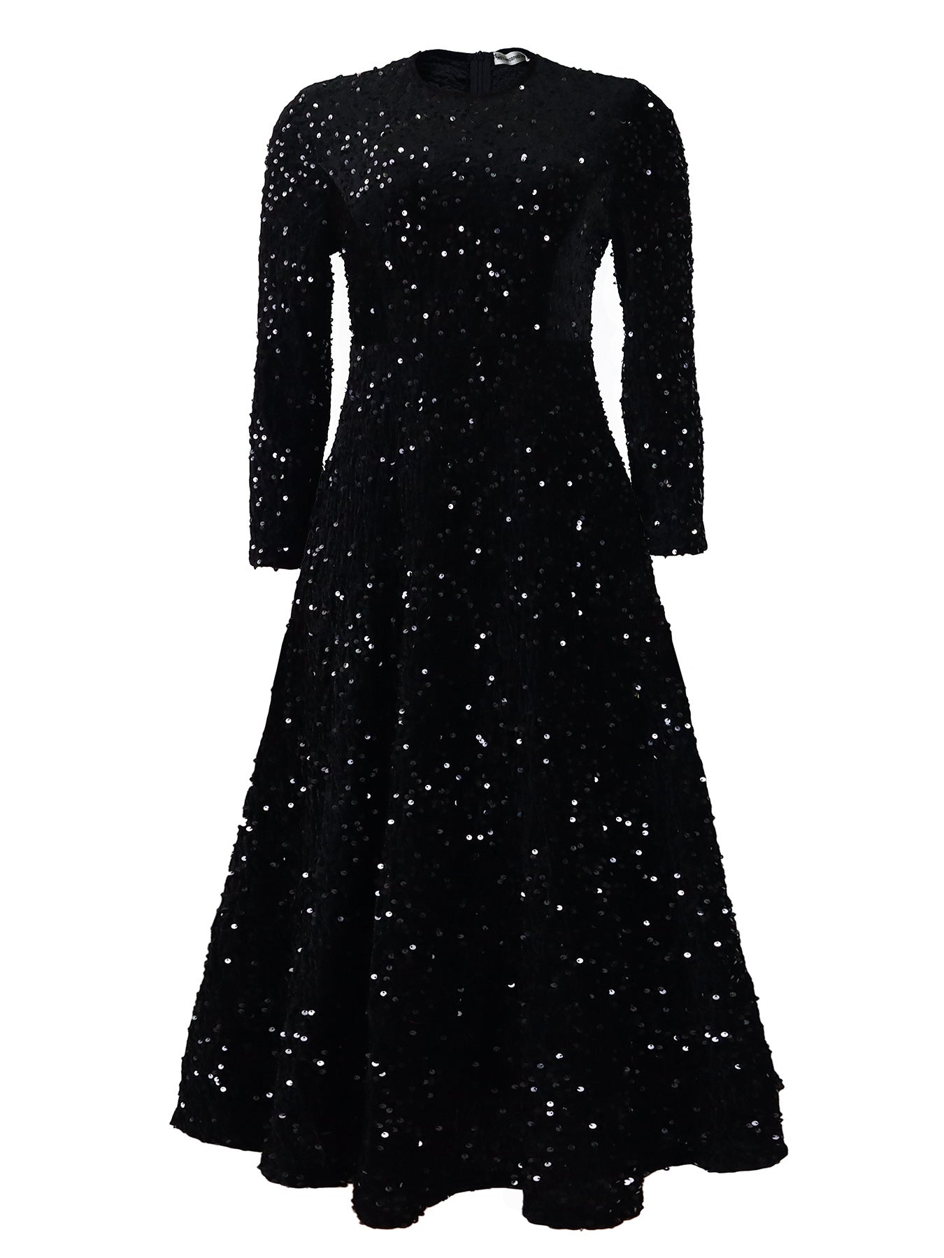 Robe mi-longue à paillettes à manches longues- Women's Round Neck Long Sleeve Pure Color Sequins Mid-length Formal Dress