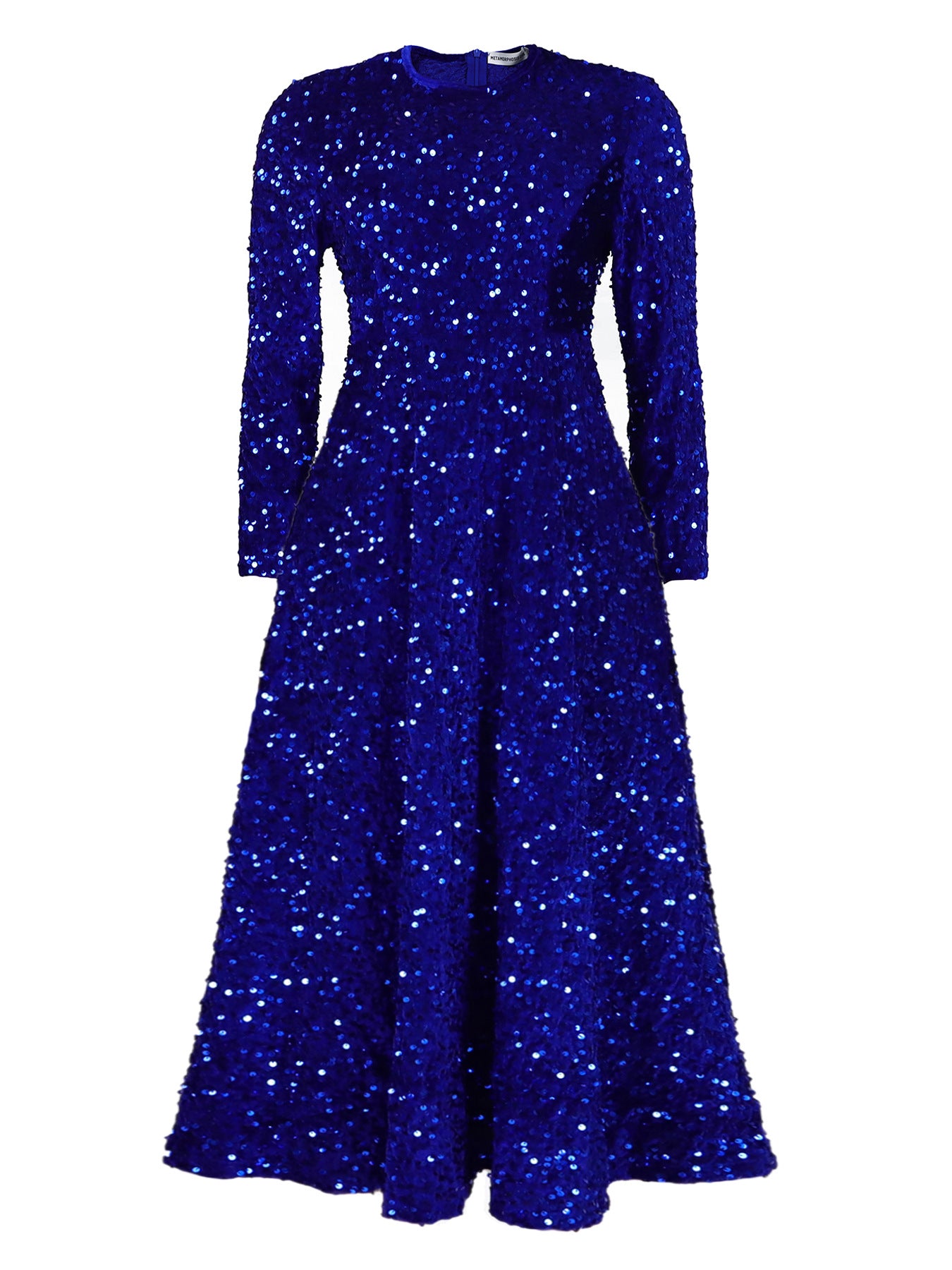 Robe mi-longue à paillettes à manches longues- Women's Round Neck Long Sleeve Pure Color Sequins Mid-length Formal Dress