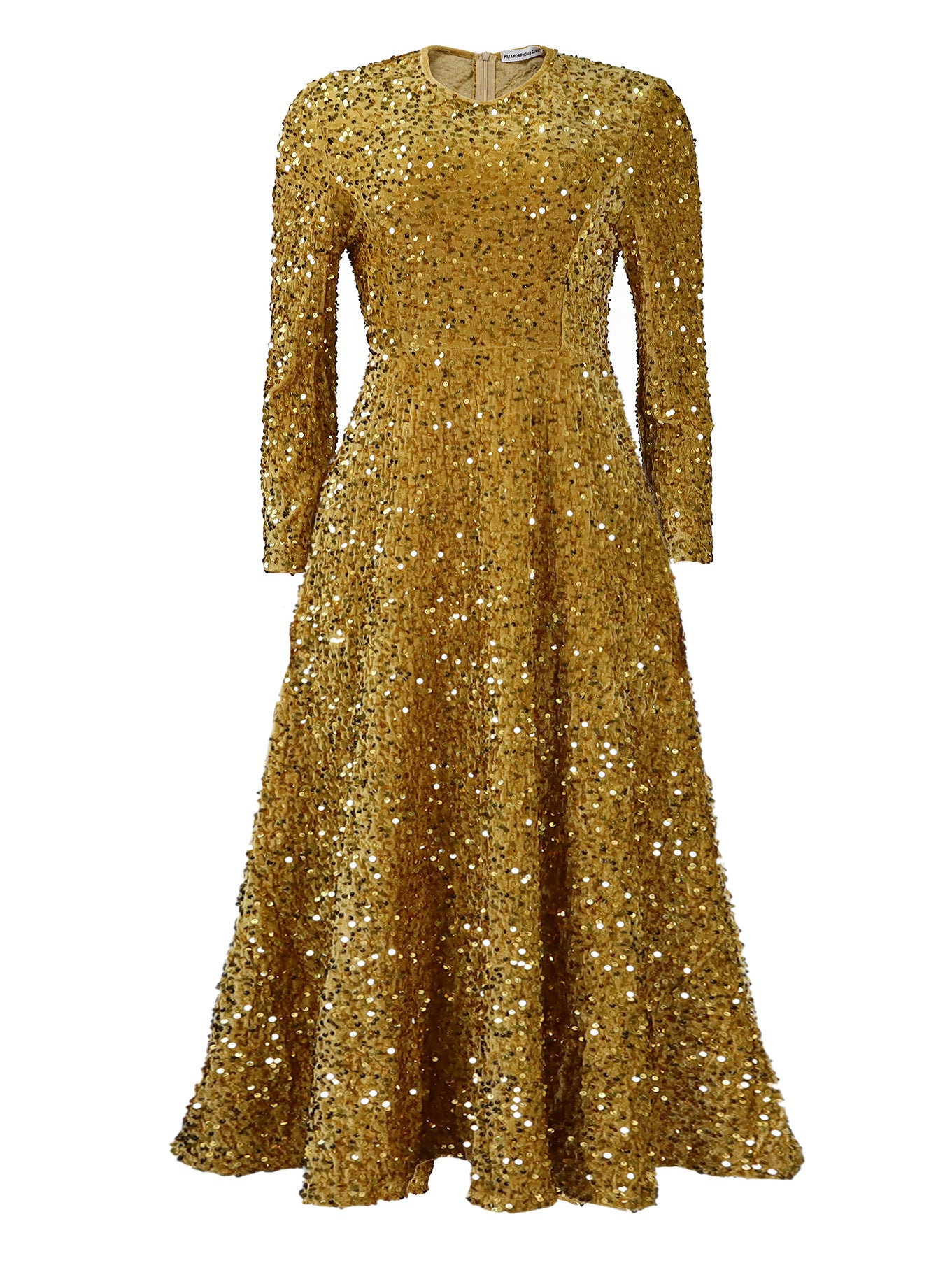 Robe mi-longue à paillettes à manches longues- Women's Round Neck Long Sleeve Pure Color Sequins Mid-length Formal Dress