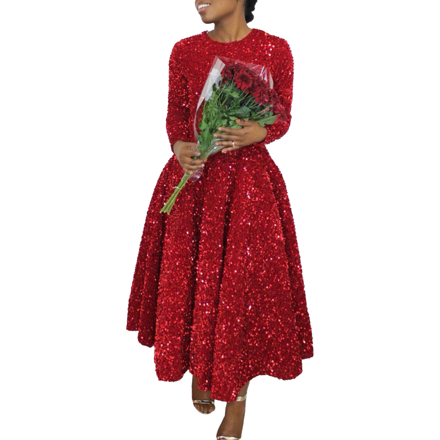 Robe mi-longue à paillettes à manches longues- Women's Round Neck Long Sleeve Pure Color Sequins Mid-length Formal Dress