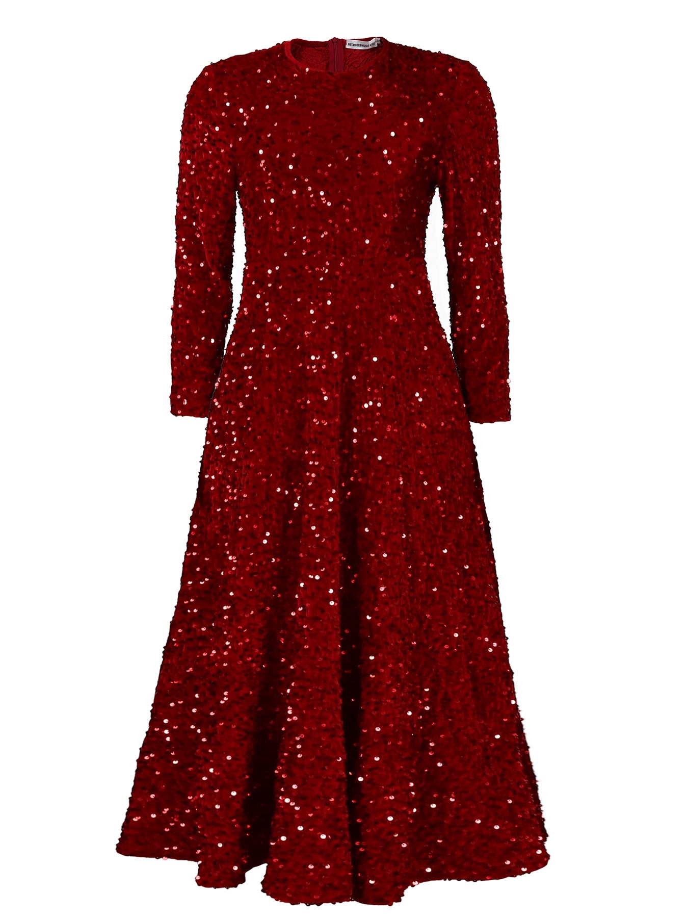 Robe mi-longue à paillettes à manches longues- Women's Round Neck Long Sleeve Pure Color Sequins Mid-length Formal Dress
