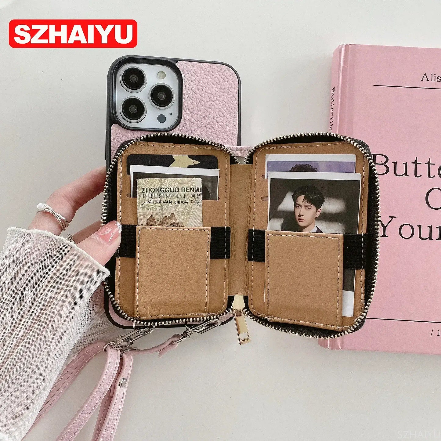 Material: PC, Color: army green - Zipper Wallet Phone Case For iPhone 16 15 14 13 12 Mini 11 Pro XS Max X Plus Card Slot Holder Crossbody Lanyard Leather Cover