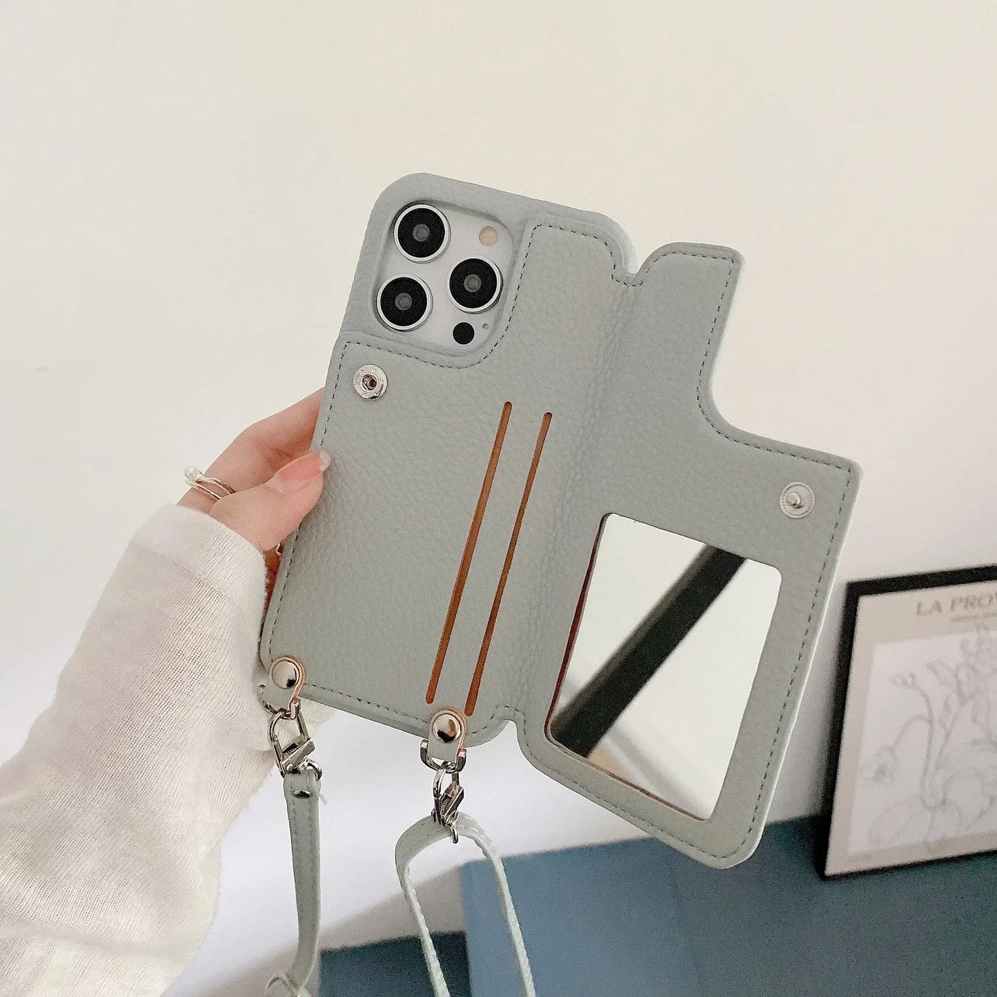 Material: leather, Color: Brown - Zipper Wallet Makeup Mirror Crossbody Lanyard Case For iPhone 16 15 14 Pro Max 13 12 11 XR XS 7 8 Plus Card Slot Leather Cover
