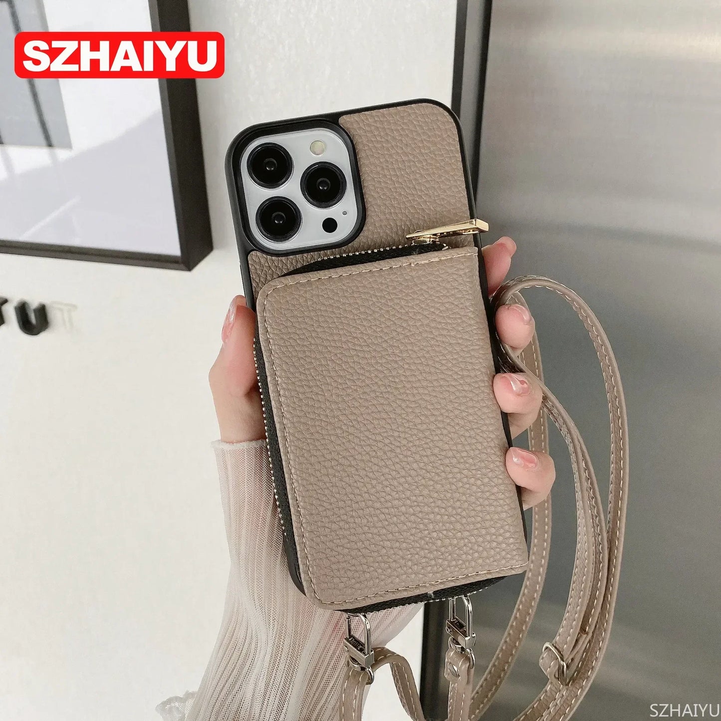 Material: PC, Color: army green - Zipper Wallet Phone Case For iPhone 16 15 14 13 12 Mini 11 Pro XS Max X Plus Card Slot Holder Crossbody Lanyard Leather Cover
