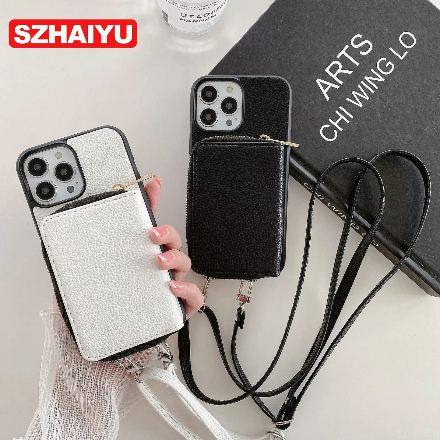 Material: PC, Color: army green - Zipper Wallet Phone Case For iPhone 16 15 14 13 12 Mini 11 Pro XS Max X Plus Card Slot Holder Crossbody Lanyard Leather Cover