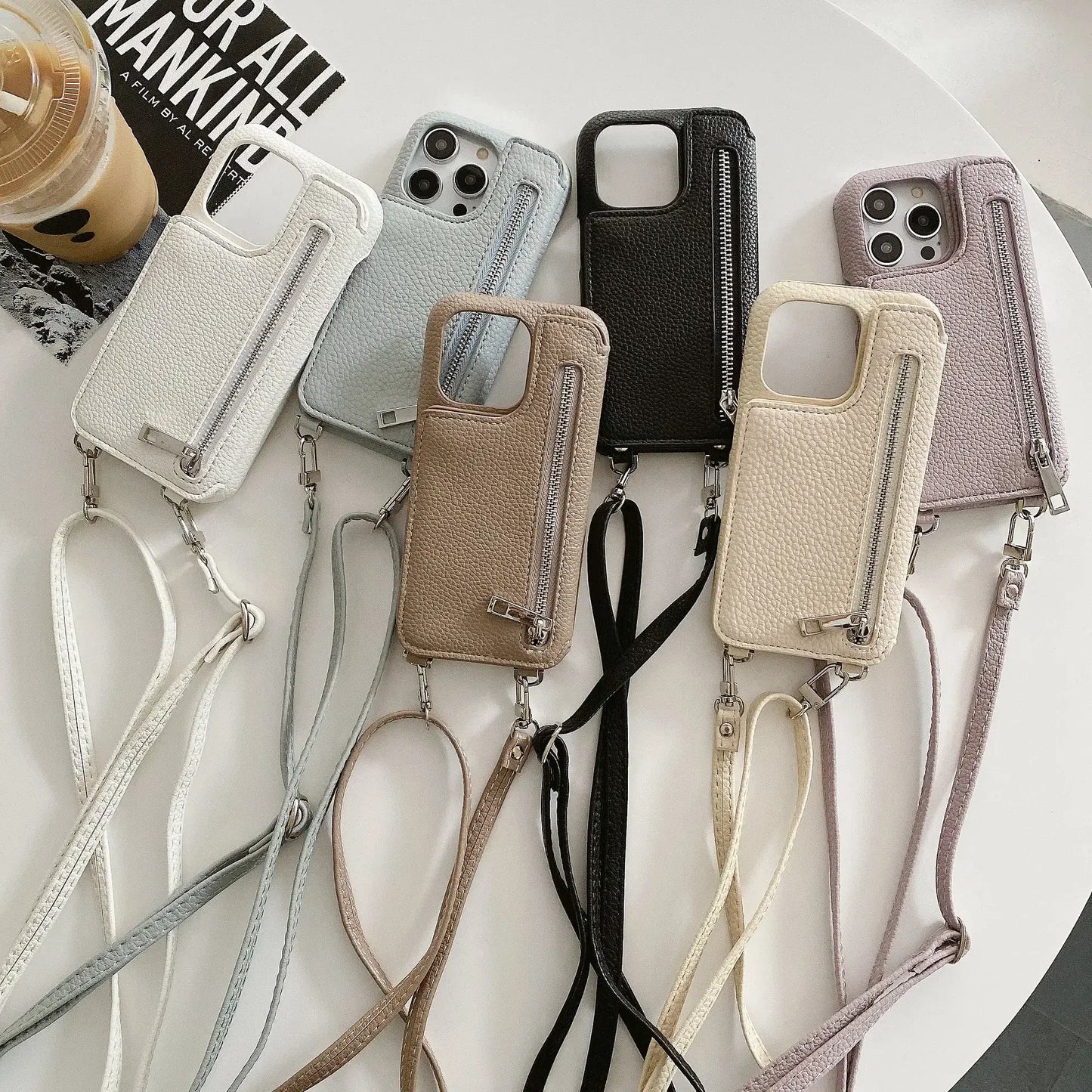 Material: leather, Color: Brown - Zipper Wallet Makeup Mirror Crossbody Lanyard Case For iPhone 16 15 14 Pro Max 13 12 11 XR XS 7 8 Plus Card Slot Leather Cover