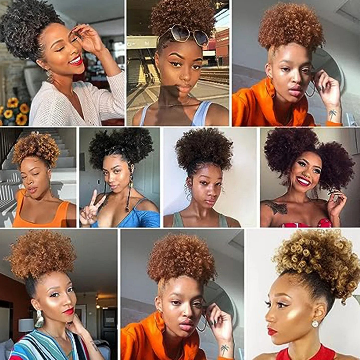 Color: #2, Bulk Buy: 1pc, Stretched Length: 10inches - Synthetic 10Inch Big Afro Puff Drawstring Ponytail Extensions for Black Women 4b 4c Kinky Curly Hair Bun Ponytail Wigs Daily Use