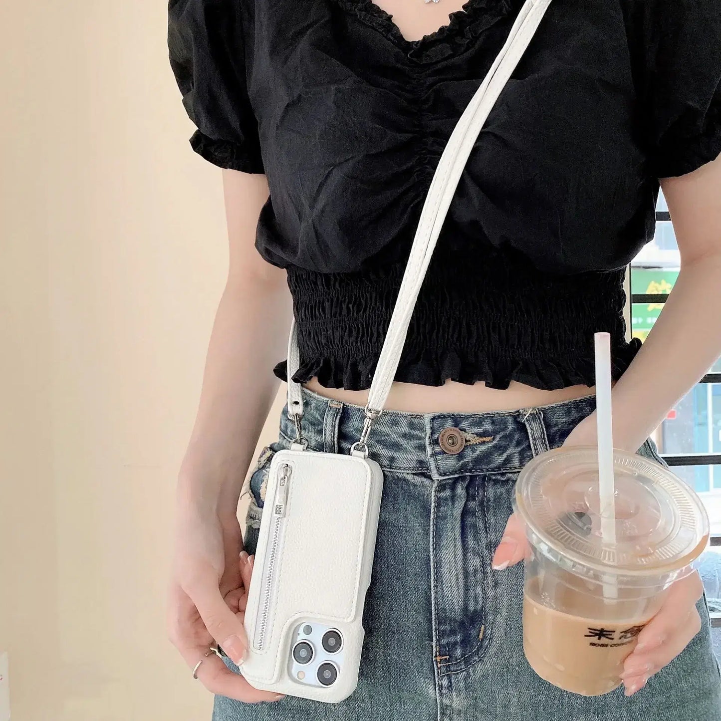Material: leather, Color: Brown - Zipper Wallet Makeup Mirror Crossbody Lanyard Case For iPhone 16 15 14 Pro Max 13 12 11 XR XS 7 8 Plus Card Slot Leather Cover