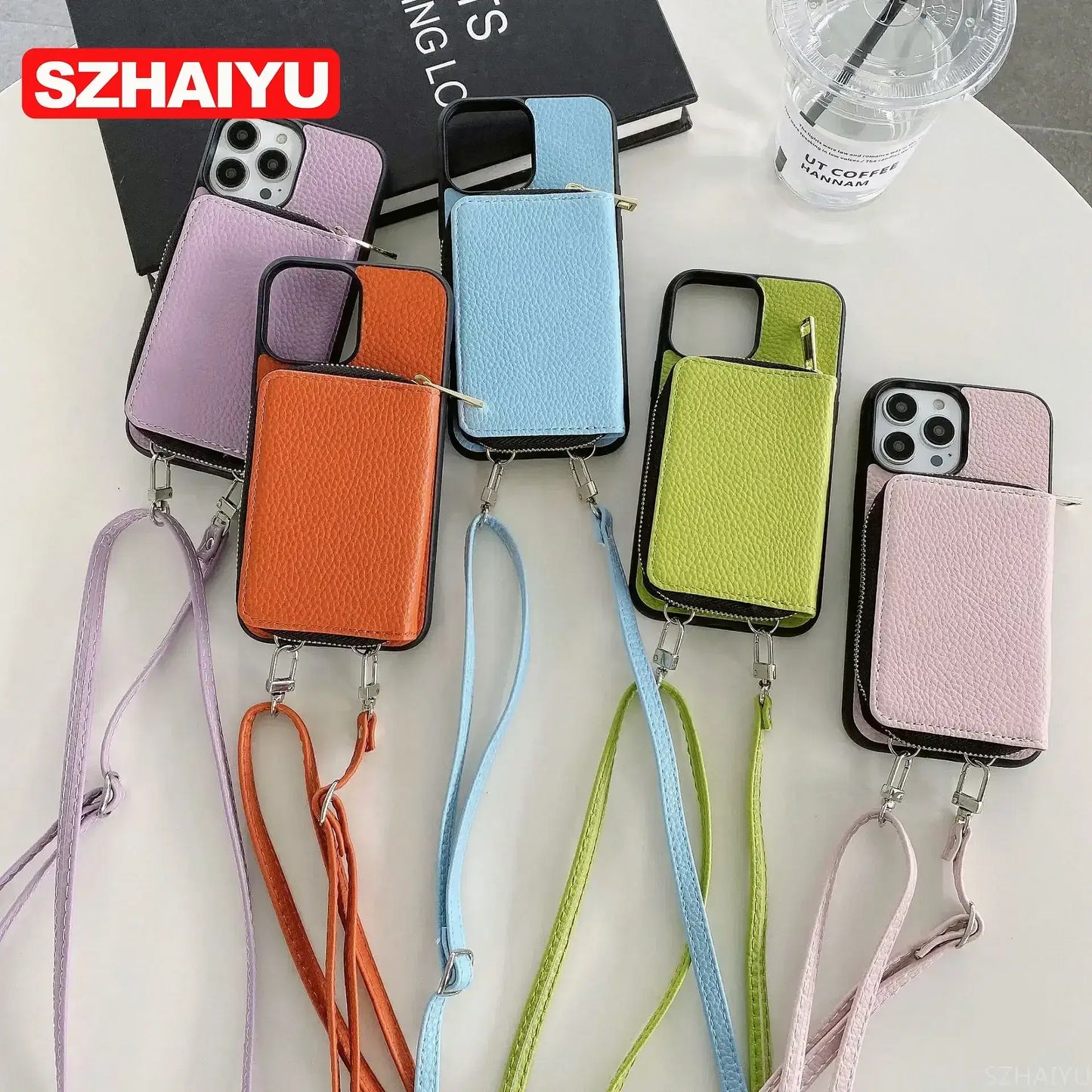Material: PC, Color: army green - Zipper Wallet Phone Case For iPhone 16 15 14 13 12 Mini 11 Pro XS Max X Plus Card Slot Holder Crossbody Lanyard Leather Cover