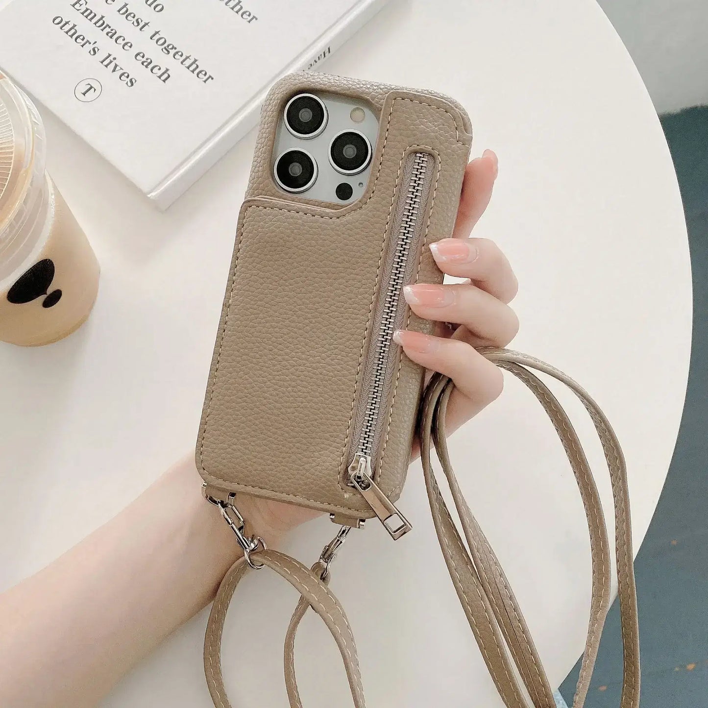 Material: leather, Color: Brown - Zipper Wallet Makeup Mirror Crossbody Lanyard Case For iPhone 16 15 14 Pro Max 13 12 11 XR XS 7 8 Plus Card Slot Leather Cover