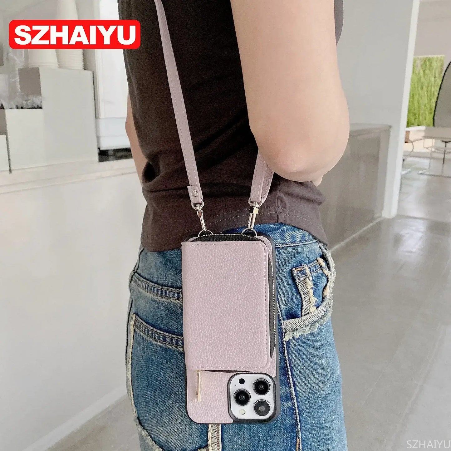 Material: PC, Color: army green - Zipper Wallet Phone Case For iPhone 16 15 14 13 12 Mini 11 Pro XS Max X Plus Card Slot Holder Crossbody Lanyard Leather Cover